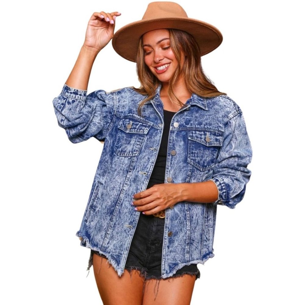 Fantastic Fawn Blue Jean Jacket Relaxed Fit Distressed Denim Jacket  IFJ10544